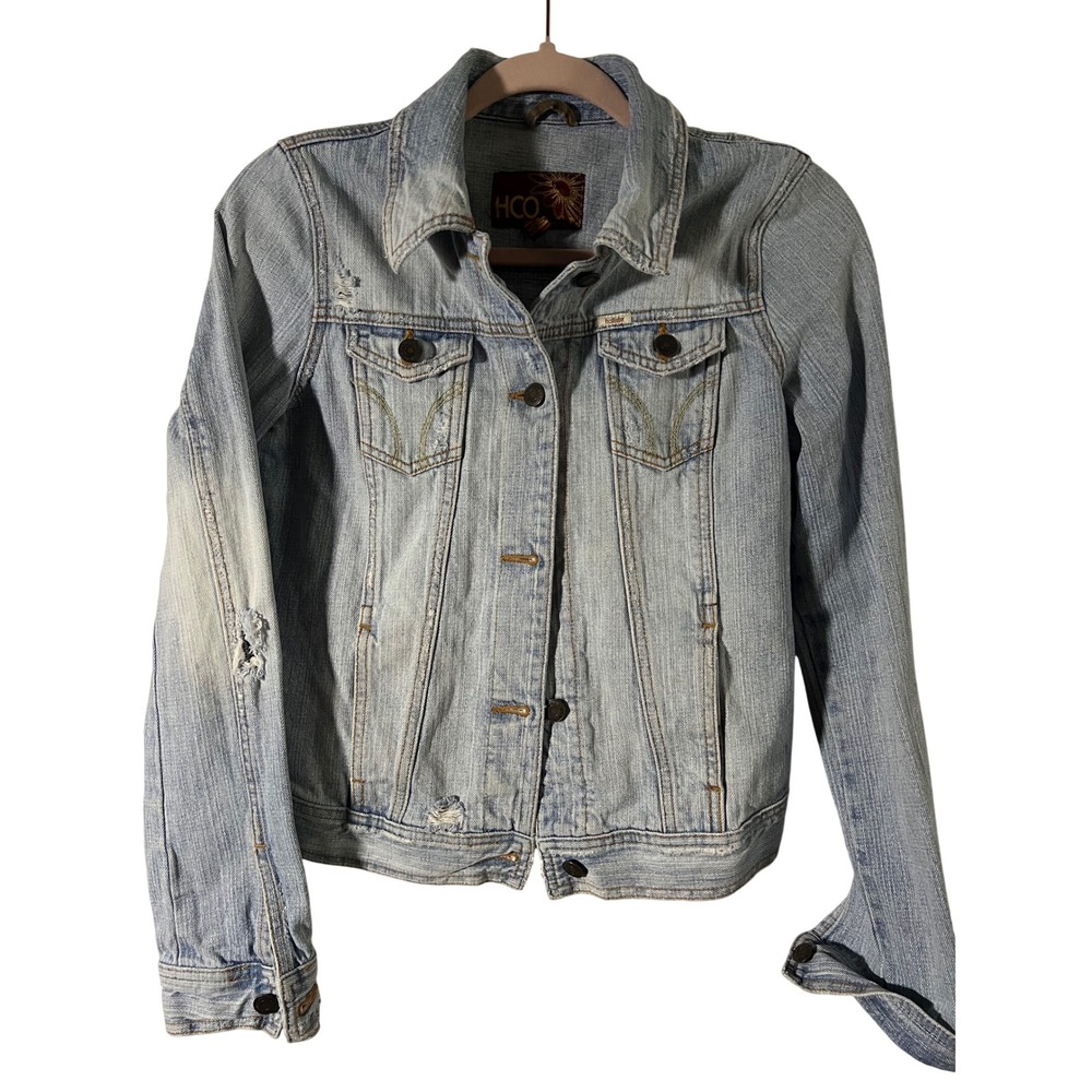 Y2K Hollister Denim Jacket Size M Distressed Light Wash Surf Company Jean Jacket